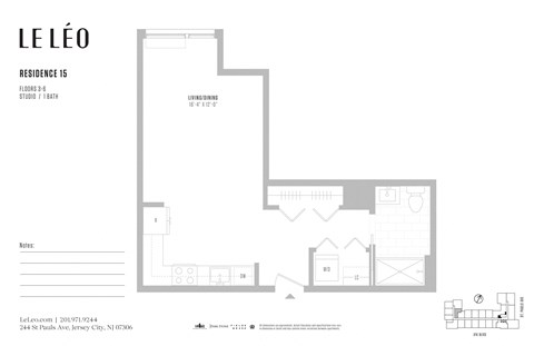 Floor plan for studio, 1 bath, 496 sqft